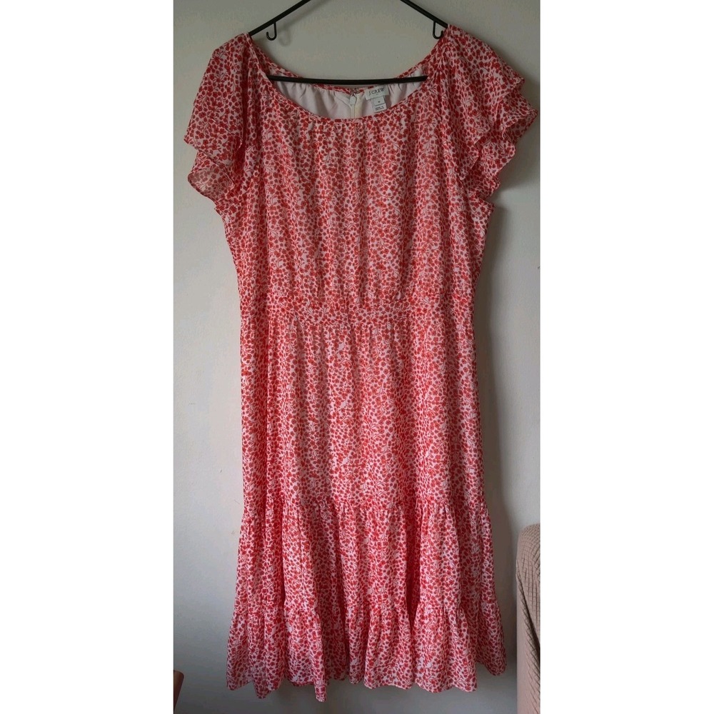 J Crew Midi Dress Orange Red White Floral Tiered‎ Ruffle Flutter Sleeve Size 12